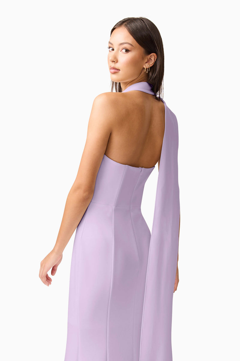 Brunette model wearing the Mira Halter Gown in Purple close up shot 