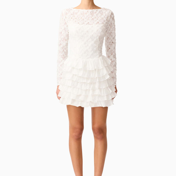 knee length dresses for ladies Champagne Floral Lace Long Sleeve Ruffle Hem Mini Dress