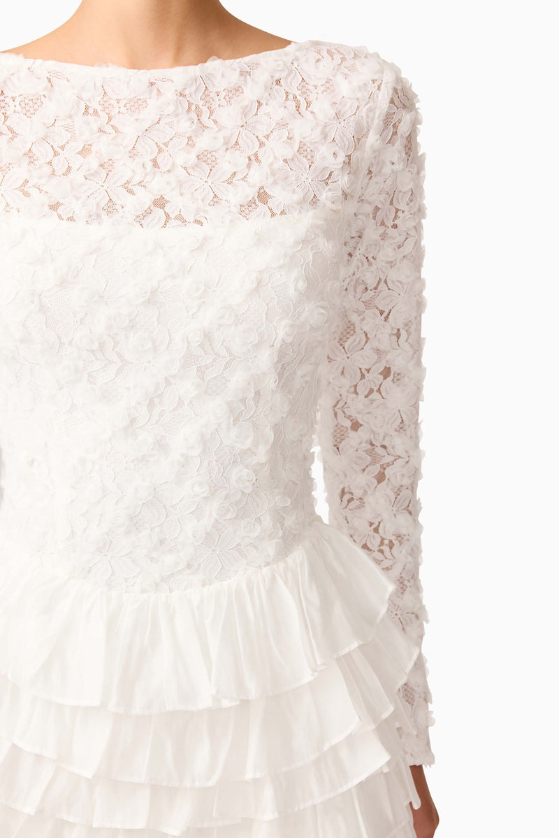 Brunette model wearing Athena Long Sleeve Lace Mini Dress in White detail shot