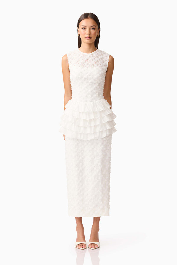 Brunette model wearing Athena Lace Midi Dress in White front shot 