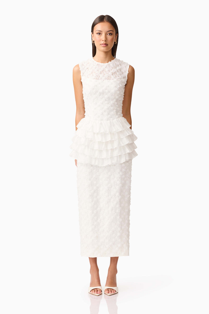 Brunette model wearing Athena Lace Midi Dress in White front shot 