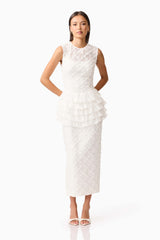 Brunette model wearing Athena Lace Midi Dress in White posed shot 