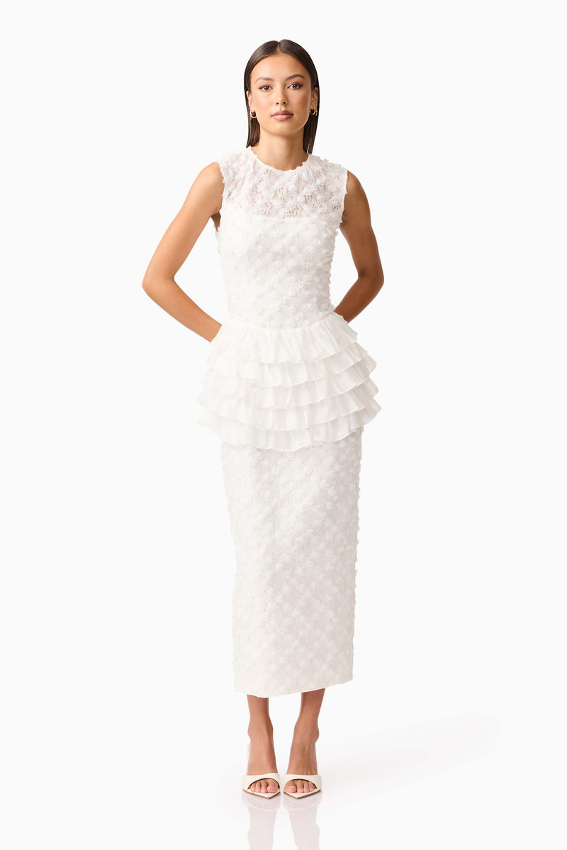 Brunette model wearing Athena Lace Midi Dress in White posed shot 