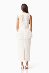 Brunette model wearing Athena Lace Midi Dress in White back shot 