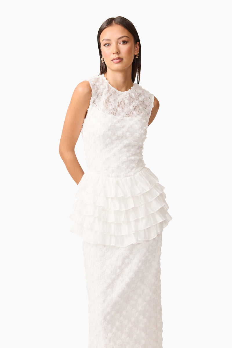 Brunette model wearing Athena Lace Midi Dress in White close up shot 
