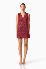 Brunette model wearing Carmen Shift Mini Dress in Red front shot