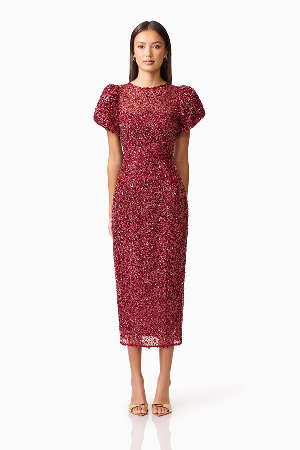 Brunette model wearing Carmen Puff Sleeve Midi Dress in Red front shot