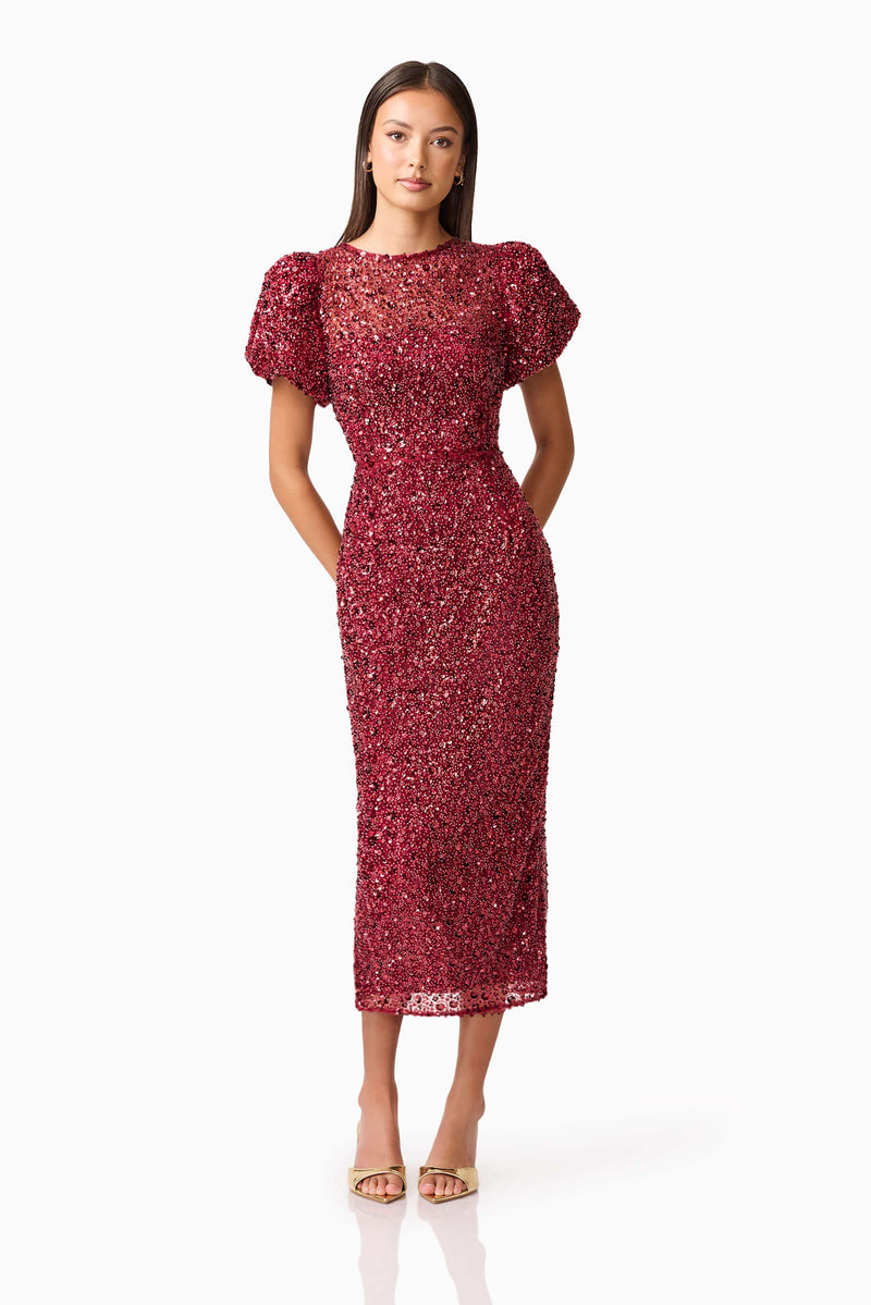 Brunette model wearing Carmen Puff Sleeve Midi Dress in Red posed shot