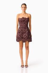 Novelle Tulip Mini Dress in Chocolate Brown with lace fabrication front shot