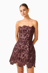 Novelle Tulip Mini Dress in Chocolate Brown with lace fabrication close up shot