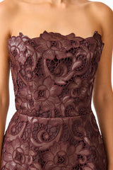 Novelle Tulip Mini Dress in Chocolate Brown with lace fabrication detail shot