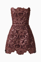 Novelle Tulip Mini Dress in Chocolate Brown with lace fabrication ghost shot