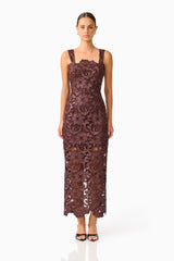 Novelle Column Midi Dress in Brown with  a square neckline & lace fabrication Front Shot