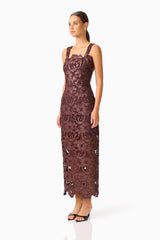 Novelle Column Midi Dress in Brown with  a square neckline & lace fabrication side shot