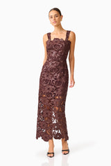Novelle Column Midi Dress in Brown with  a square neckline & lace fabrication posed shot