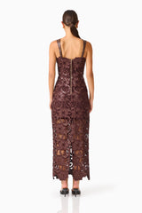 Novelle Column Midi Dress in Brown with  a square neckline & lace fabrication back shot