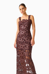 Novelle Column Midi Dress in Brown with  a square neckline & lace fabrication posed shot