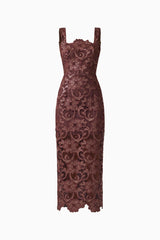 Novelle Column Midi Dress in Brown with  a square neckline & lace fabrication ghost shot