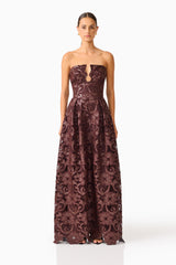 Novelle Sweetheart Maxi Dress in Chocolate Brown with lace fabrication front shot