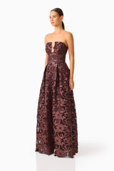 Novelle Sweetheart Maxi Dress in Chocolate Brown with lace fabrication side shot