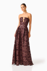 Novelle Sweetheart Maxi Dress in Chocolate Brown with lace fabrication posed shot