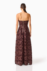 Novelle Sweetheart Maxi Dress in Chocolate Brown with lace fabrication & back zipper back shot