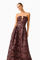 Novelle Sweetheart Maxi Dress in Chocolate Brown with lace fabrication close up shot