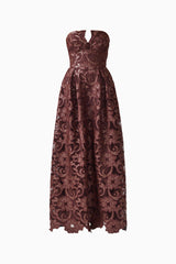Novelle Sweetheart Maxi Dress in Chocolate Brown with lace fabrication ghost shot