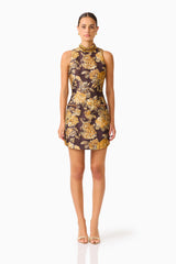 Iris Shift Mini Dress in Brown & Gold Floral with rhinestone collar and jaquard fabrication front shot