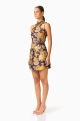 Iris Shift Mini Dress in Brown & Gold Floral with rhinestone collar and jaquard fabrication side shot
