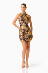 Iris Shift Mini Dress in Brown & Gold Floral with rhinestone collar and jaquard fabrication posed shot