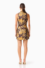 Iris Shift Mini Dress in Brown & Gold Floral with rhinestone collar and jaquard fabrication back shot
