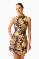 Iris Shift Mini Dress in Brown & Gold Floral with rhinestone collar and jaquard fabrication close up shot