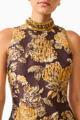 Iris Shift Mini Dress in Brown & Gold Floral with rhinestone collar and jaquard fabrication detail shot