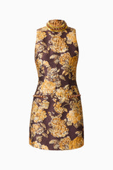 Iris Shift Mini Dress in Brown & Gold Floral with rhinestone collar and jaquard fabrication ghost shot