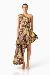Iris Asymmetrical Midi Dress in Brown & Gold Floral with one shoulder neckline & jacquard fabrication front shot