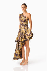 Iris Asymmetrical Midi Dress in Brown & Gold Floral with one shoulder neckline & jacquard fabrication side shot