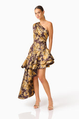 Iris Asymmetrical Midi Dress in Brown & Gold Floral with one shoulder neckline & jacquard fabrication posed shot