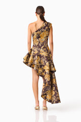 Iris Asymmetrical Midi Dress in Brown & Gold Floral with one shoulder neckline & jacquard fabrication back shot