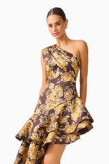 Iris Asymmetrical Midi Dress in Brown & Gold Floral with one shoulder neckline & jacquard fabrication posed shot