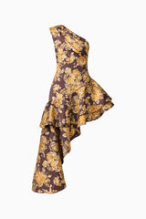 Iris Asymmetrical Midi Dress in Brown & Gold Floral with one shoulder neckline & jacquard fabrication ghost shot