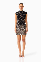 Primelle Embellished Mini Dress in Black & Gold with embellished velvet fabrication & cap sleeves front shot