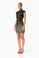 Primelle Embellished Mini Dress in Black & Gold with embellished velvet fabrication & cap sleeves side shot