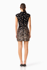 Primelle Embellished Mini Dress in Black & Gold with embellished velvet fabrication, back zipper & cap sleeves back shot