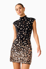 Primelle Embellished Mini Dress in Black & Gold with embellished velvet fabrication & cap sleeves close up shot