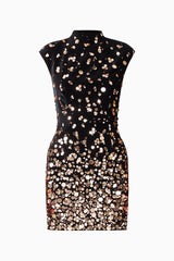 Primelle Embellished Mini Dress in Black & Gold with embellished velvet fabrication & cap sleeves ghost shot