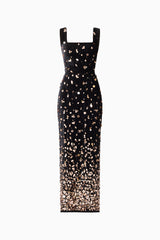 Primelle Embellished Gown in Black & Gold with square neckline & velvet embellished fabrication ghost shot