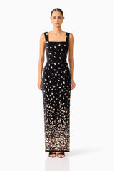 Primelle Embellished Gown in Black & Gold with square neckline & velvet embellished fabrication front shot