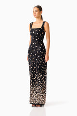 Primelle Embellished Gown in Black & Gold with square neckline & velvet embellished fabrication side shot