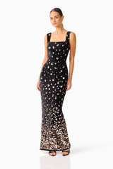 Primelle Embellished Gown in Black & Gold with square neckline & velvet embellished fabrication posed shot